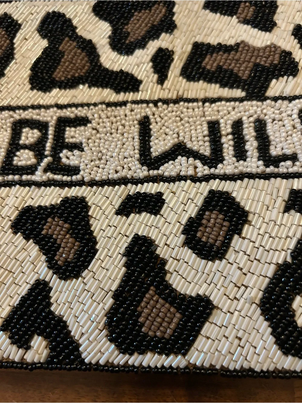 Beaded Leopard Animal Print ‘Be Wild' Zip Clutch- Black, Off-White & Brown